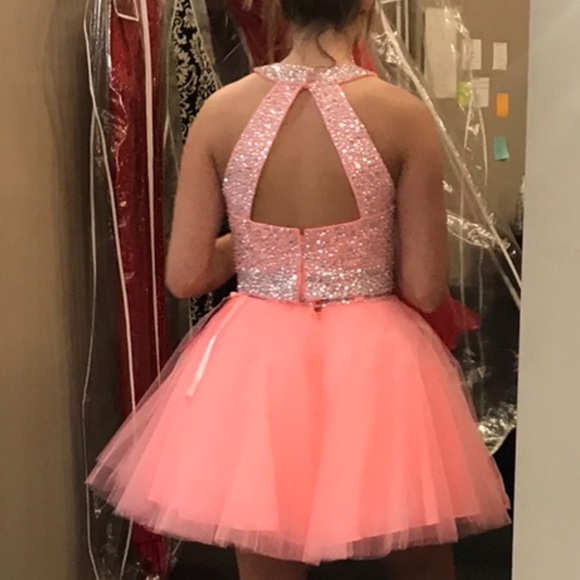Formal prom dress is size 8 neon coral orange peach with open back. 2 piece - Picture 5 of 16